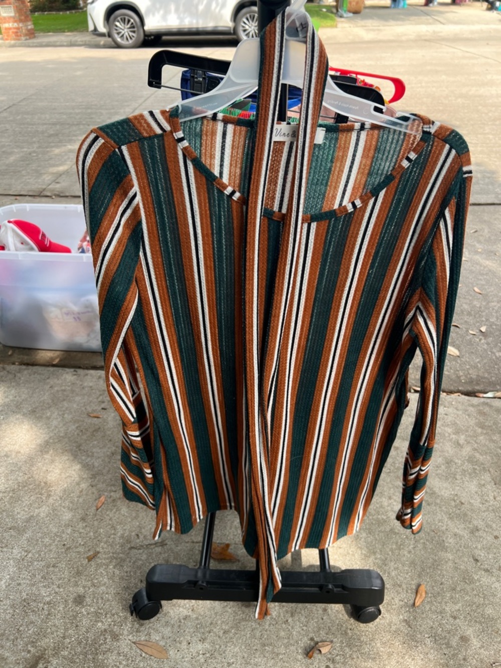 Vine & Love Green and Rust Striped Knit Top with belt tie